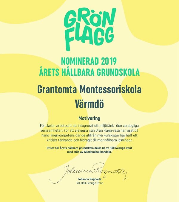 Grön Flagg – Grantomta Montessoriskola Värmdö nominerad till årets hållbara grundskola